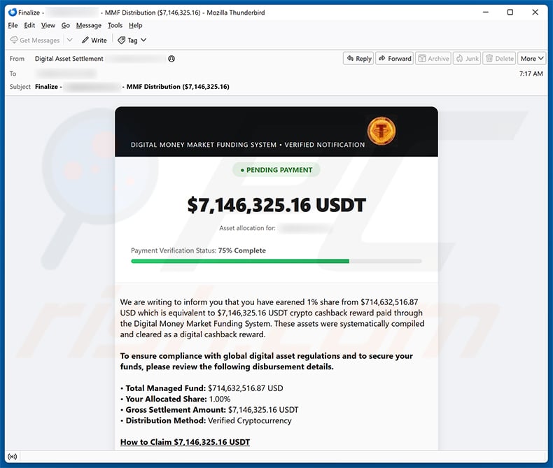 Crypto Cashback Reward email spam campaign