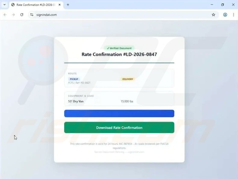 fake freight rate confirmation website distributing CrySome RAT