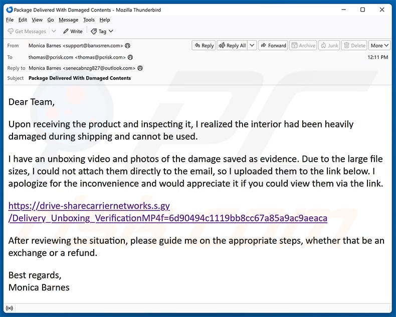 Damaged Package Email Virus email spam campaign