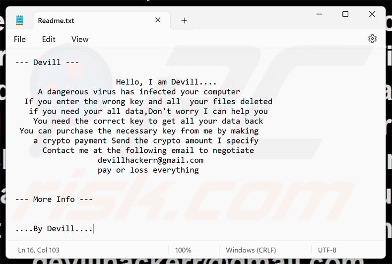 Devill ransomware ransom note (Readme.txt)