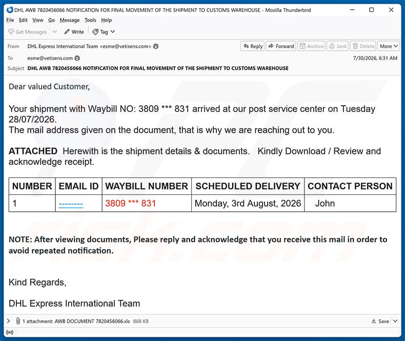 DHL Express - Shipment Arrived Email Virus email spam campaign
