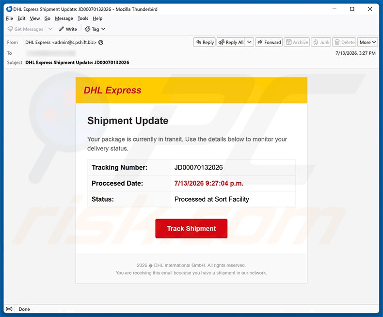 DHL Express Shipment Update email spam campaign