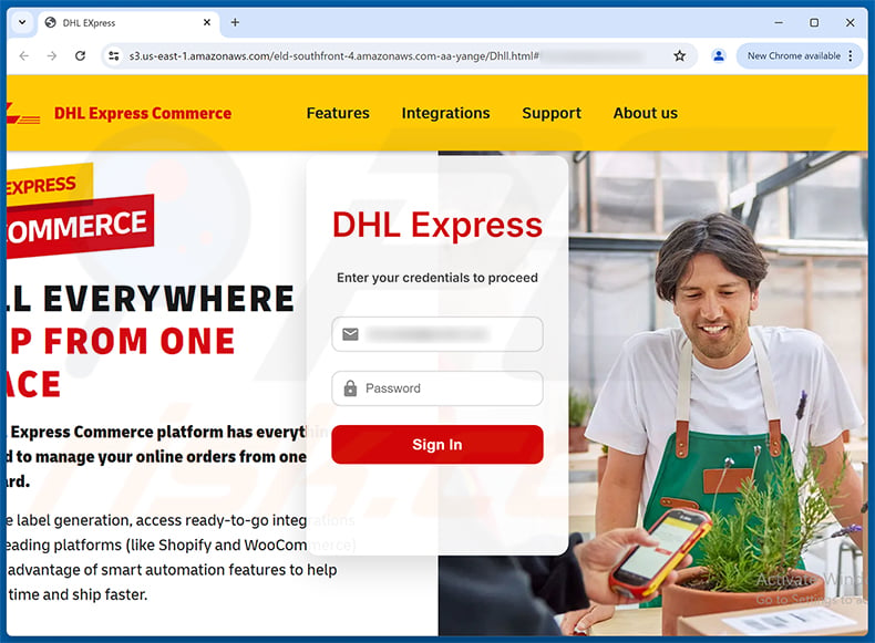 DHL Express Shipment Update phishing page