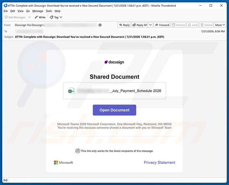 DocuSign - Shared Document Email Virus spam campaign