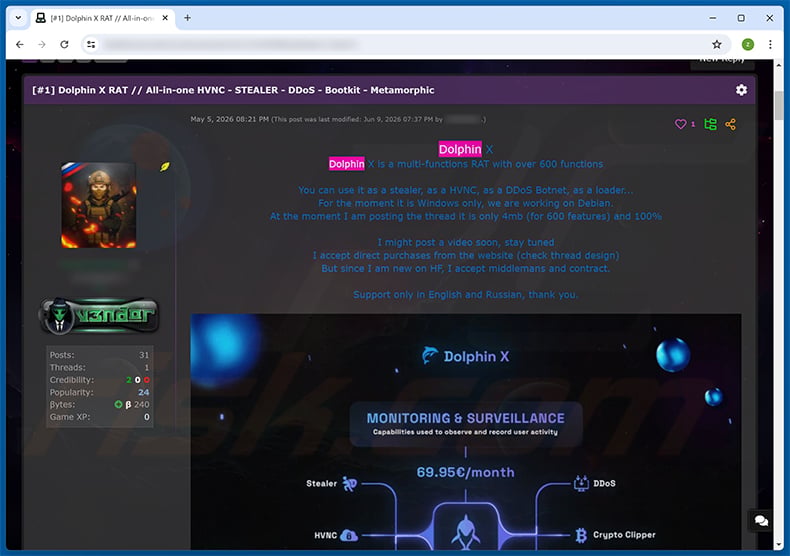 Hacker forum post promoting Dolphin X RAT
