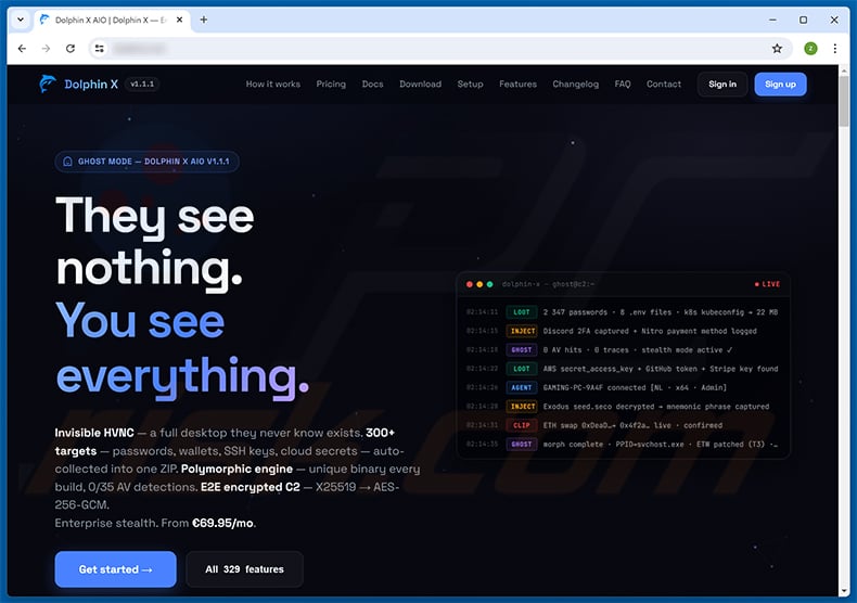 Dolphin X RAT website promoting stealer and remote control features