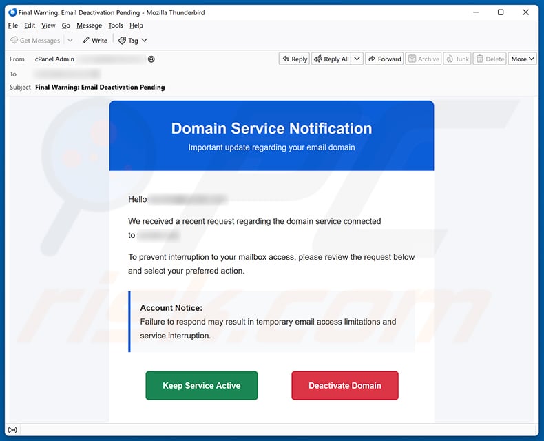 Domain Service Deactivation email spam campaign