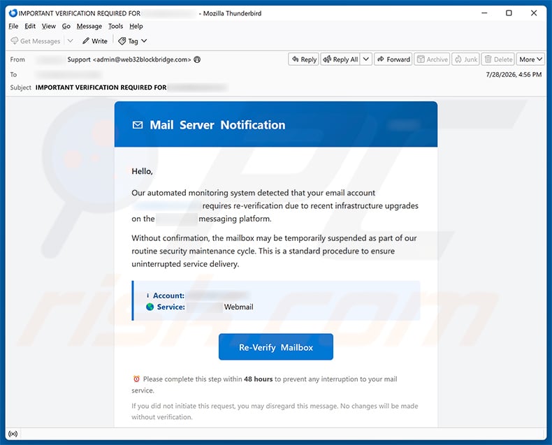 Email Account Requires Re-Verification Scam email spam campaign