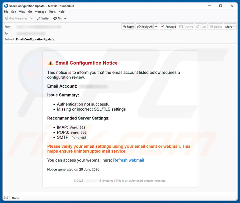 Email Configuration Notice Scam email spam campaign