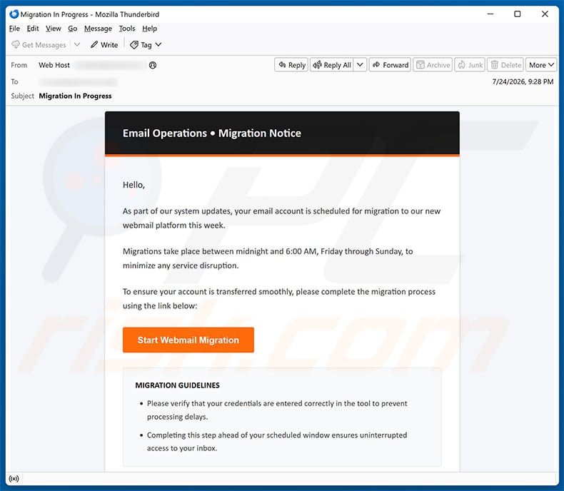 Email Migration Notice Scam email spam campaign