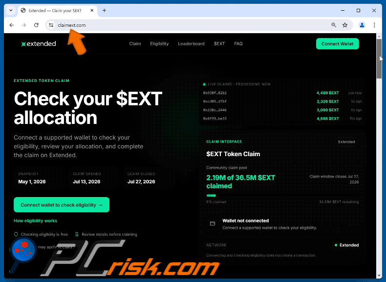 Appearance of Extended ($EXT) Allocation Scam (GIF)
