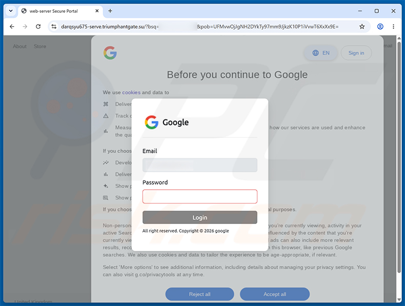 Phishing site promoted via Failed Login Attempt scam email (2026-07-21)