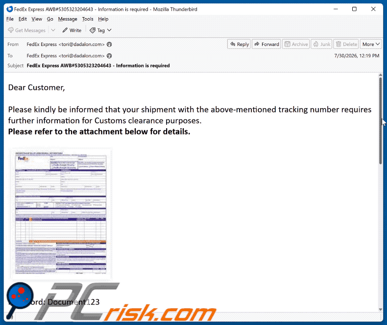 FedEx Shipment Tracking Number Requires Information scam email appearance (GIF)