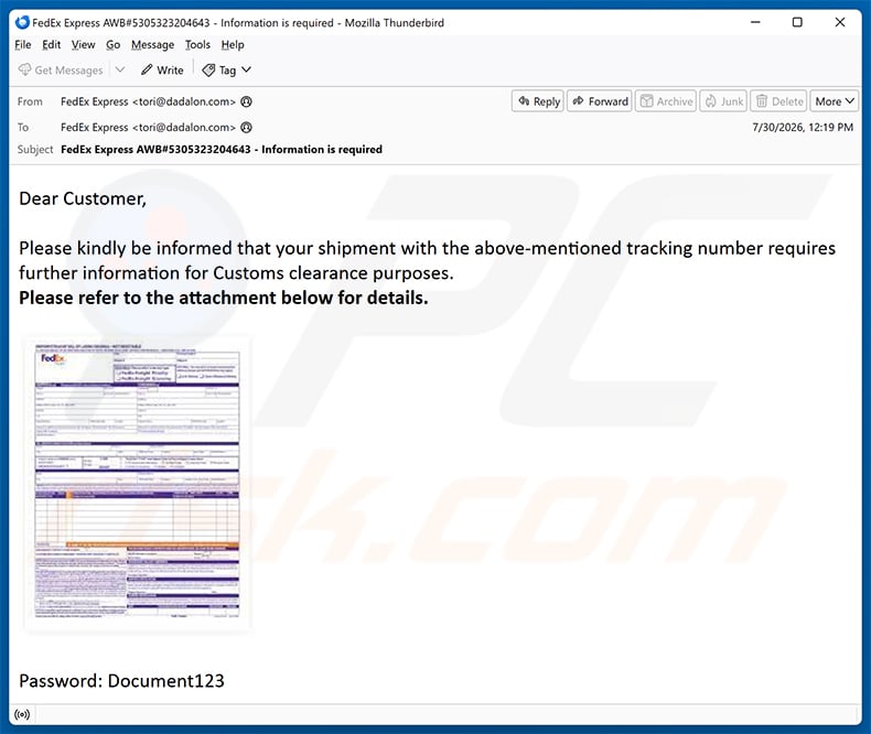 FedEx Shipment Tracking Number Requires Information Email Virus spam campaign