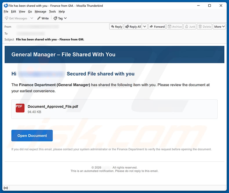 Finance Department (General Manager) Secure File email spam campaign