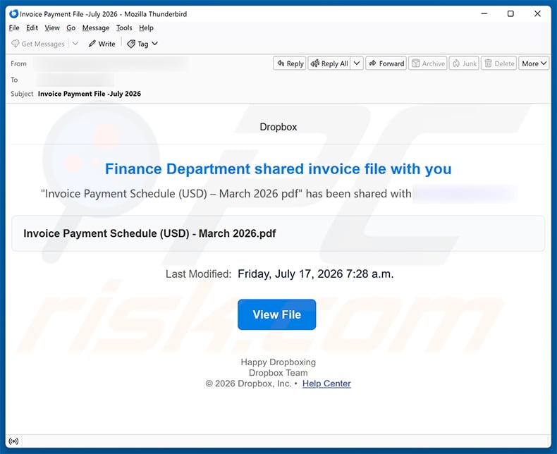 Finance Department Invoice Email Scam email spam campaign
