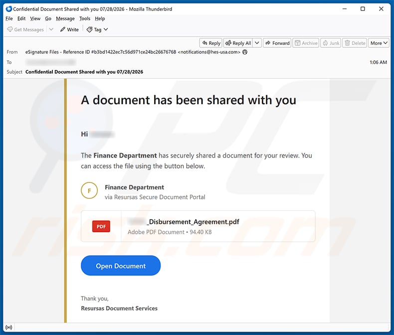 Finance Department Secure Document Email Virus spam campaign