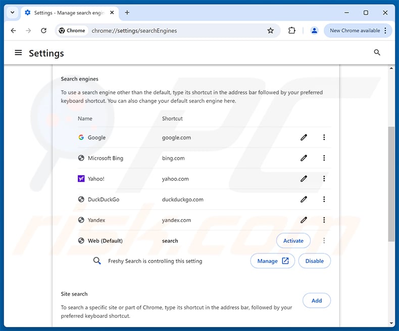 Removing Freshy Search (freshy.com) from Google Chrome default search engine
