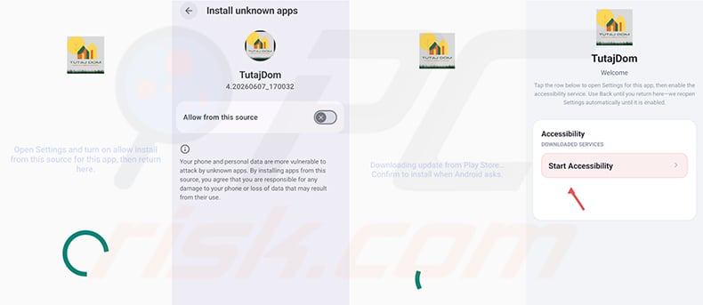 Glitch SPY RAT installation process - TutajDom fake app requesting unknown sources permission and accessibility access