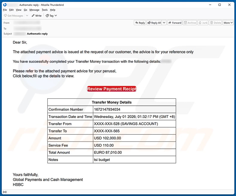 HSBC Money Transfer Completed Email Scam email spam campaign