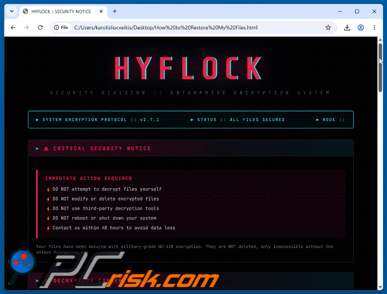 HYFLOCK ransomware ransom note (How to Restore My Files.html)