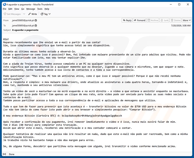 Portuguese variant of I Have Been Watching You scam email