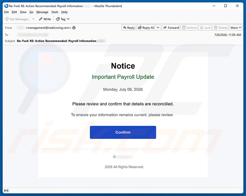 Important Payroll Update email spam campaign