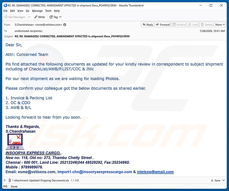 Insoorya Express Cargo Shipment Documents email virus spam campaign