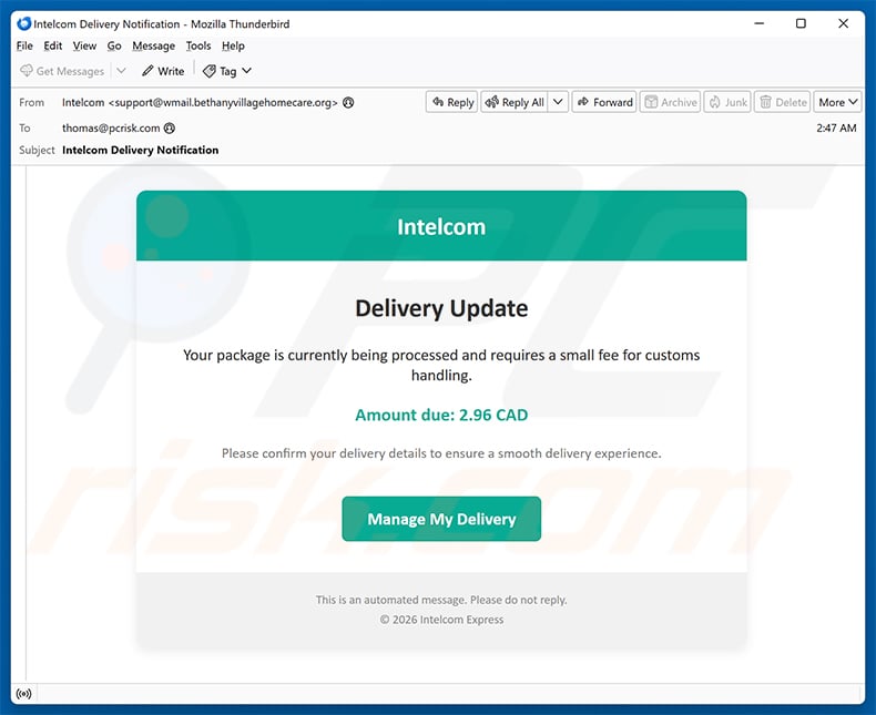 Intelcom email scam (2026-07-03)
