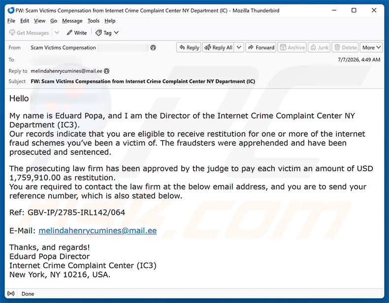 Internet Fraud Victim Compensation email scam (2026-07-08)