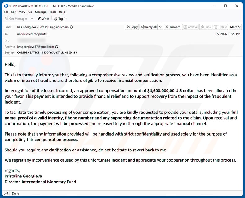 Internet Fraud Victim Compensation email spam campaign