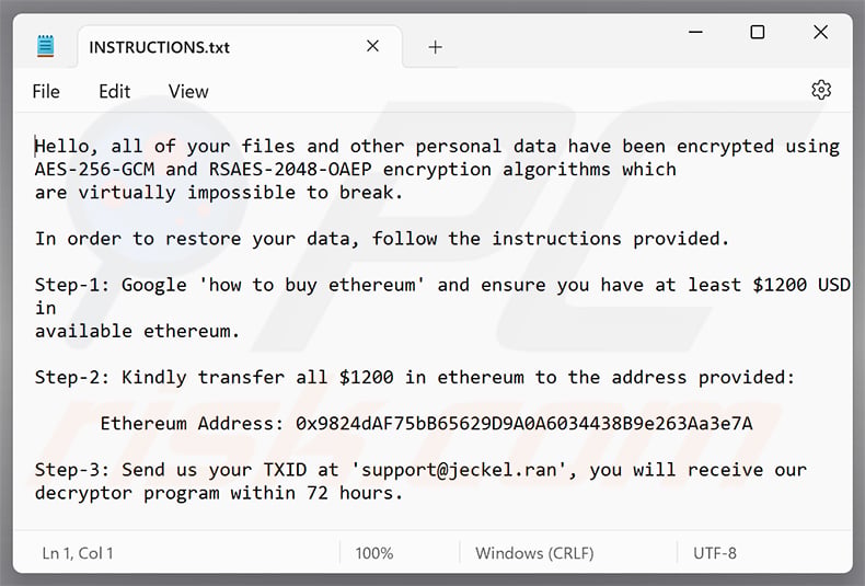 Jeckel ransomware ransom note (INSTRUCTIONS.txt)