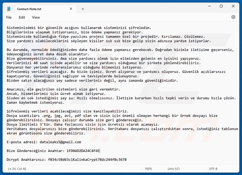 Turkish ransom note of KalinkaCrypt ransomware
