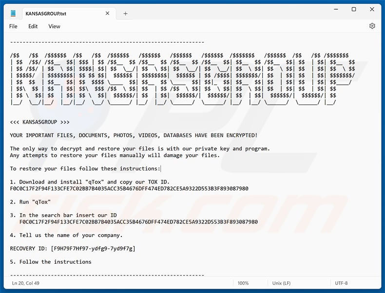 KansasGroup ransomware text file (KANSASGROUP.txt)