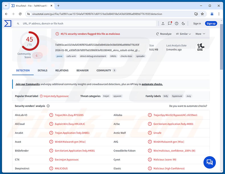 KuinaExtractor Stealer malware detections on VirusTotal