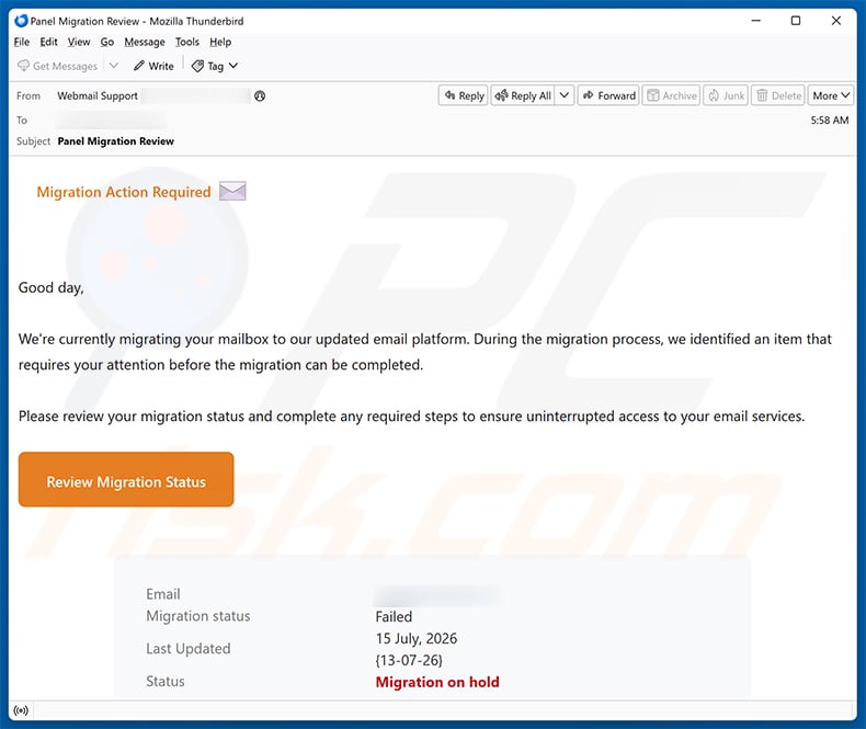 Migration Action Required email spam campaign