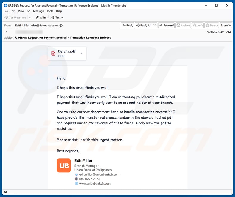 Misdirected Payment Email Scam email spam campaign
