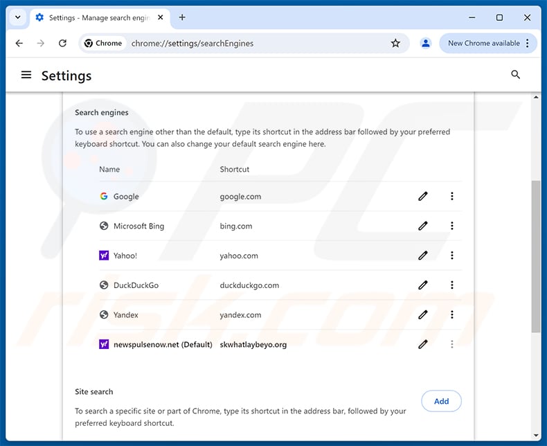 Removing newspulsenow.net from Google Chrome default search engine