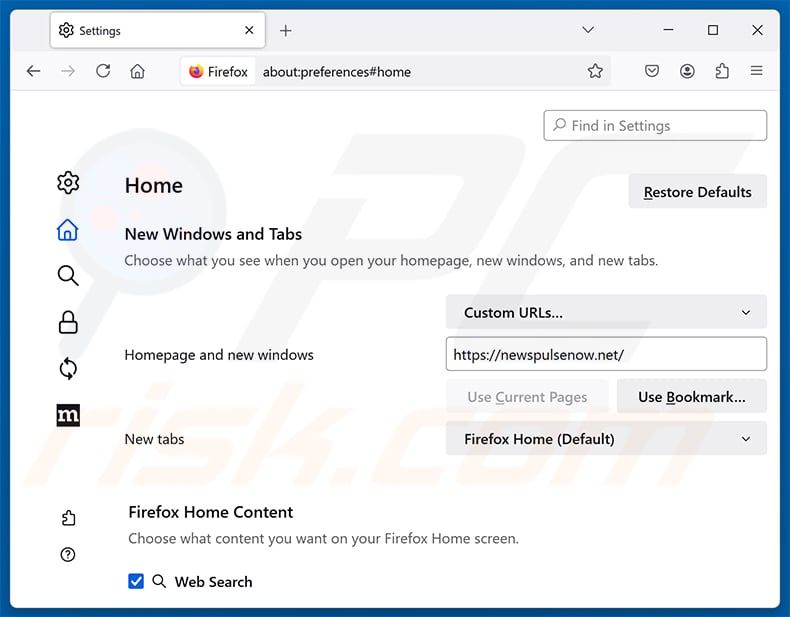 Removing newspulsenow.net from Mozilla Firefox homepage