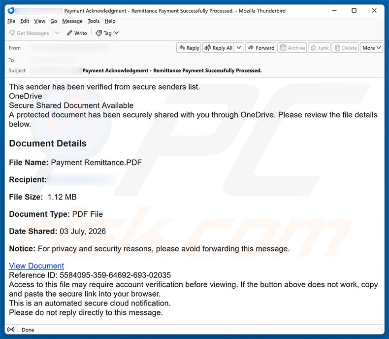 OneDrive - A Secured File Has Been Shared scam email (2026-07-08)