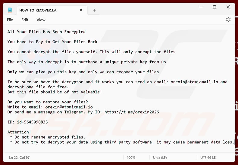 Orexin ransomware ransom note (HOW_TO_RECOVER.txt)
