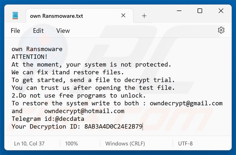 Own Ransomware ransomware ransom note (own Ransomware.txt)