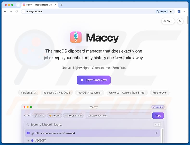 Fake maccyapp.com website distributing PamStealer malware