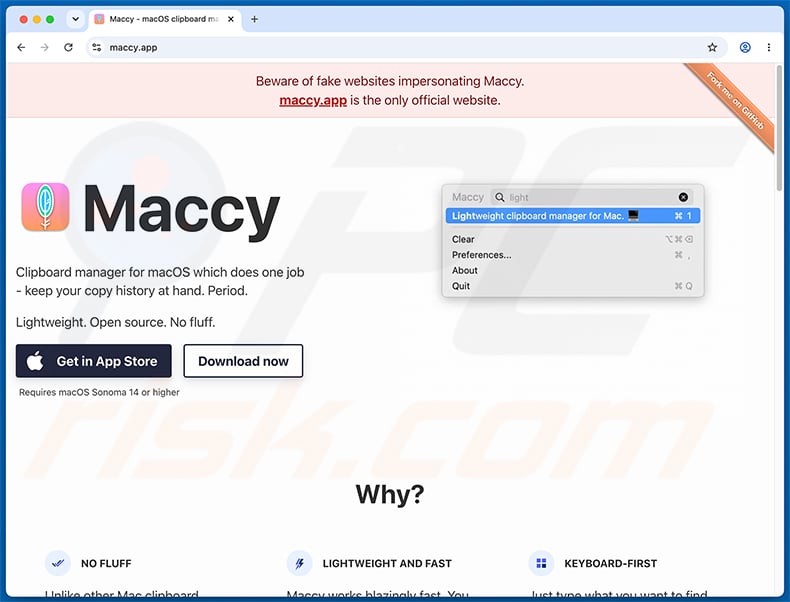 Official Maccy website warning about fake websites
