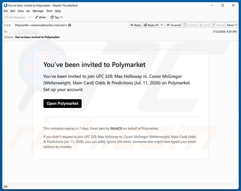 Polymarket Holloway vs McGregor Bidding Email Scam email spam campaign