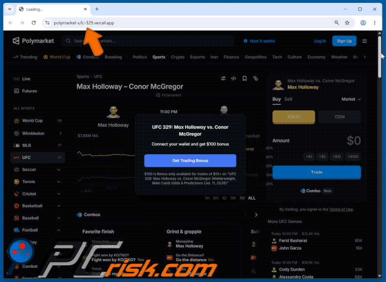 Polymarket Holloway vs McGregor Bidding Email Scam phishing page