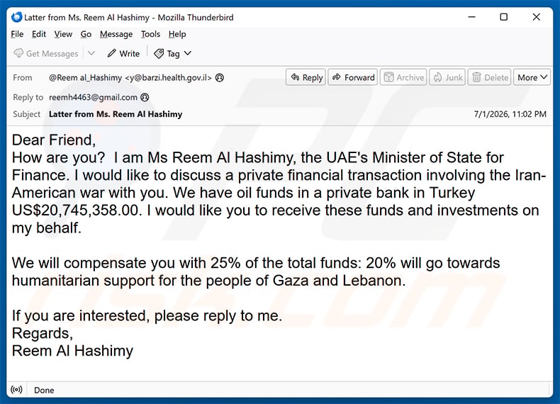 Private Financial Transaction email spam campaign