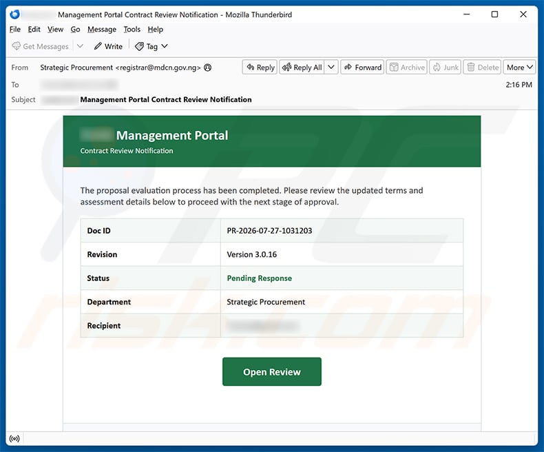 Proposal Evaluation Completed Email Scam email spam campaign