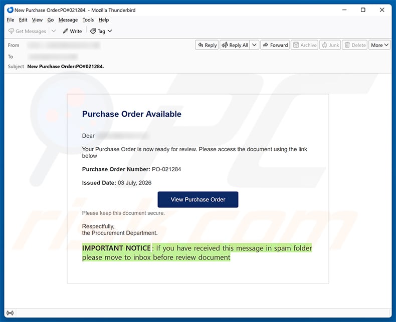 Purchase Order Review Request email scam (2026-07-02)
