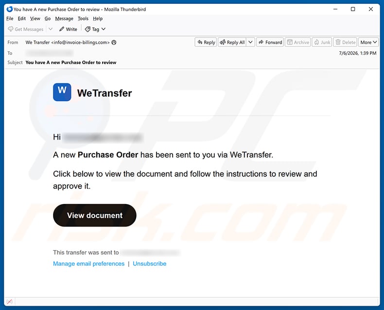 Purchase Order Sent To You Via WeTransfer email spam campaign